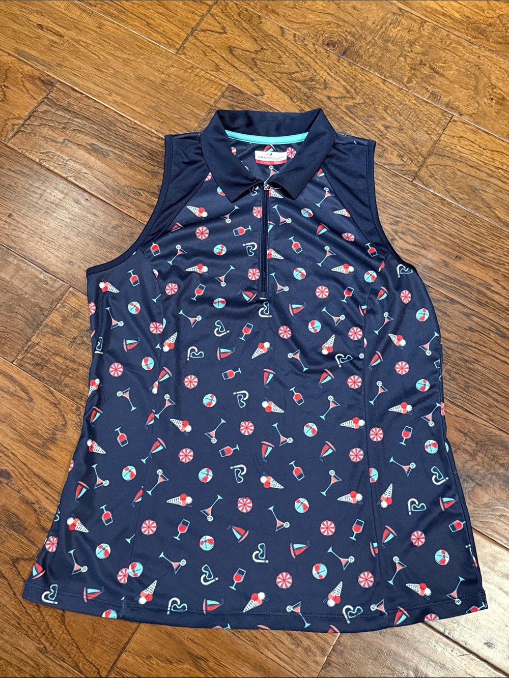 Grand Slam Navy Sleeveless Zip Polo Tank with Summer Icon Print